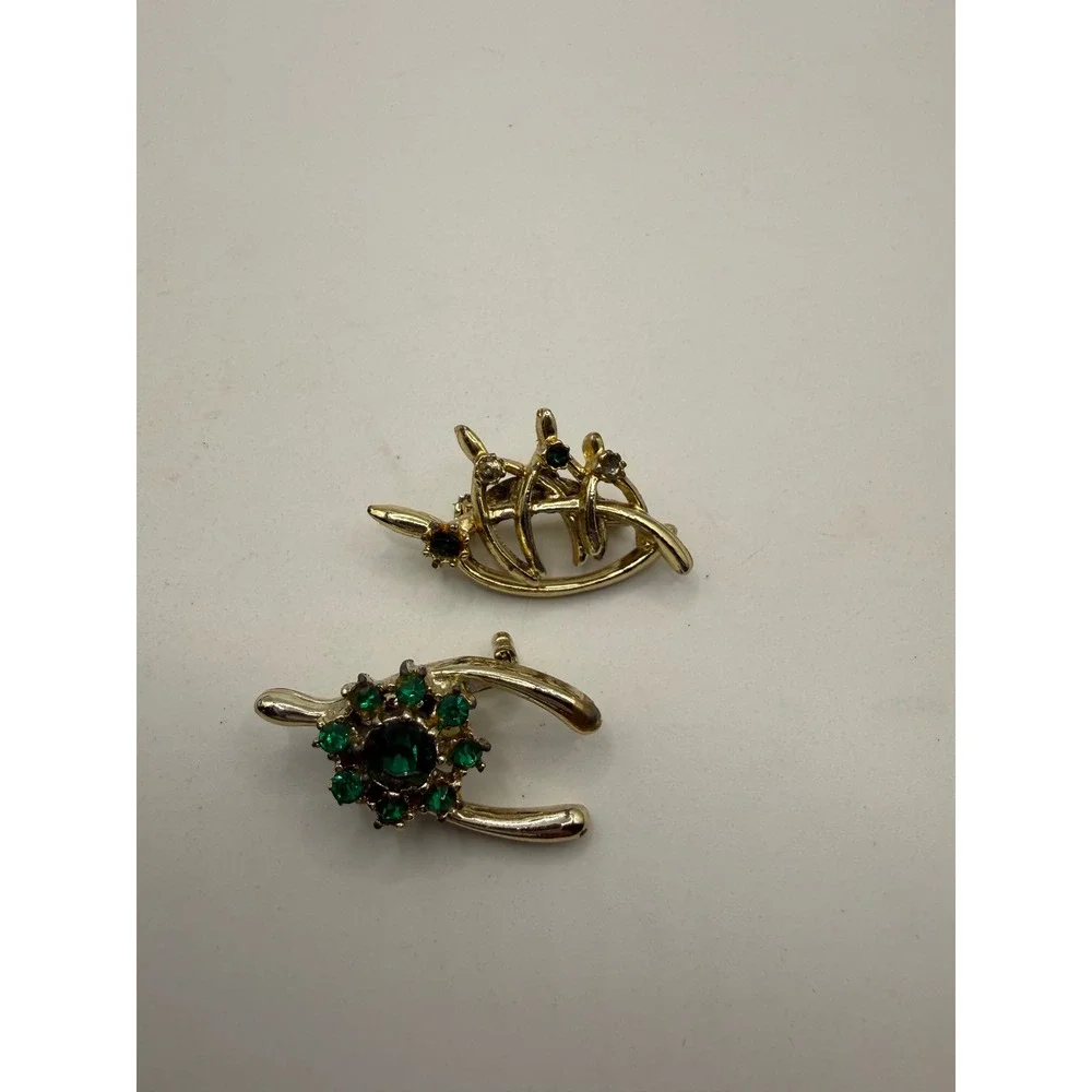 Vintage Gold Tone Brooch Set‎ Green Rhinestone Wishbone Abstract Modernist Pins